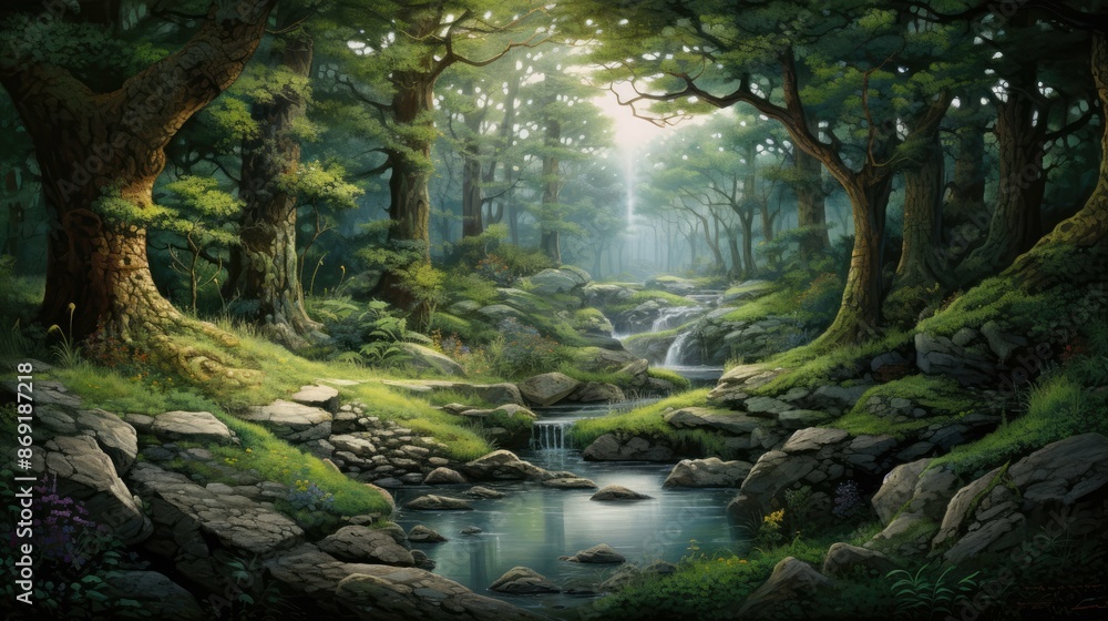 Poster the sun shines through the tall trees in the forest. a small river flows through the middle of the f