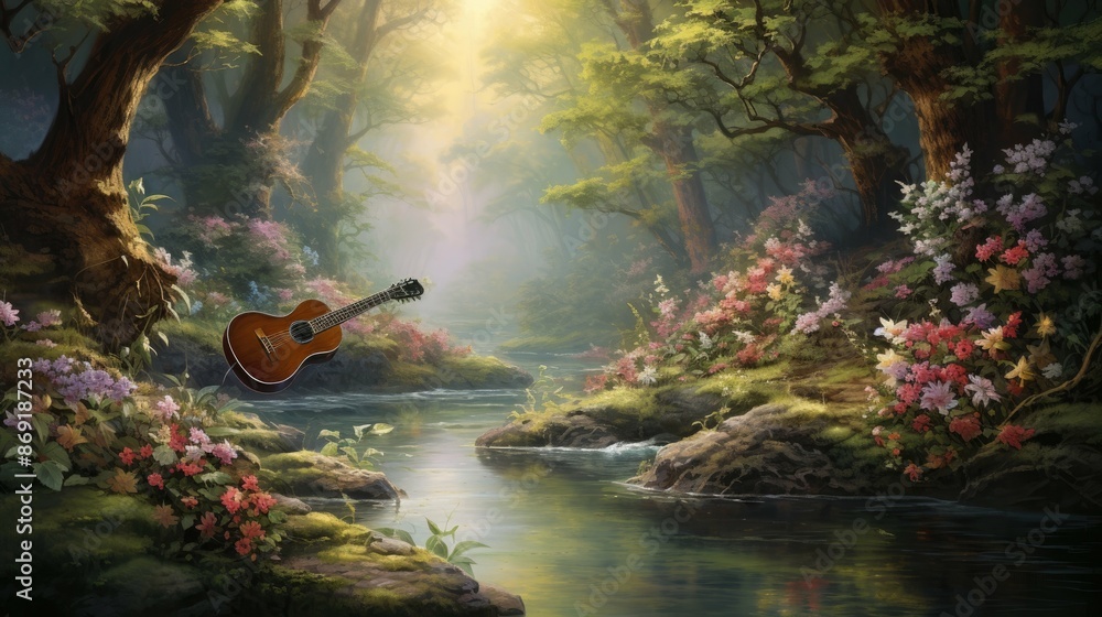 Poster the image is a beautiful landscape of a forest with a river running through it. the trees are tall a