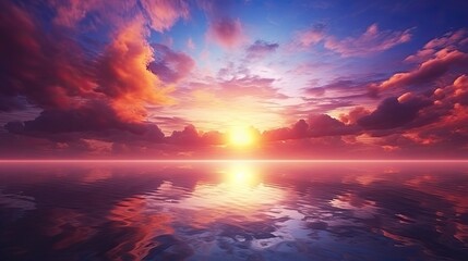 Fototapeta premium A beautiful sunset over a calm sea. The sky is ablaze with color, and the water reflects the vibrant hues.