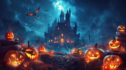 Halloween Background with Scary Haunted Castle 