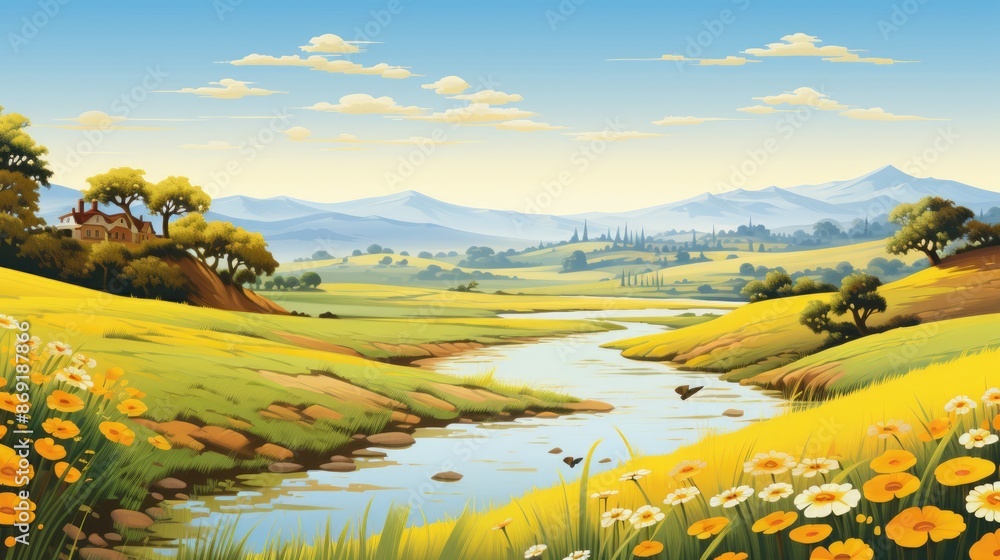 Poster a beautiful landscape with a river running through it. there are green fields on either side of the 