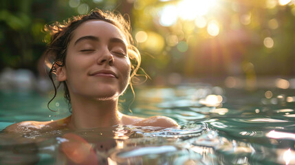 Obraz premium beautiful young woman enjoying a tropical vacation in infinity pool, relaxing by poolside with jungle view and exotic tropical landscape 
