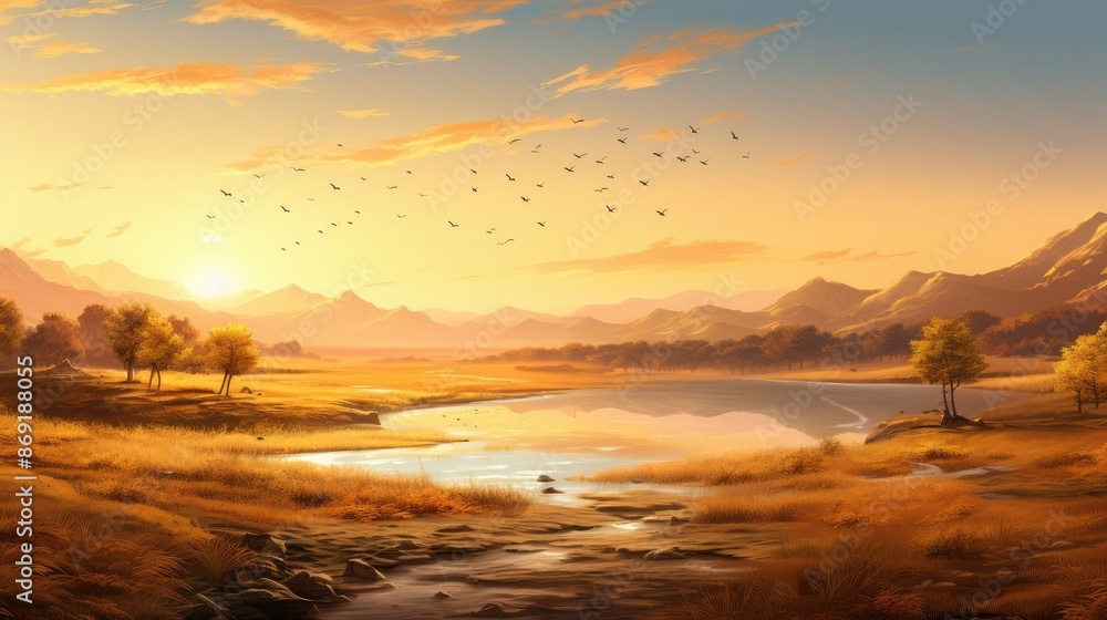 Poster tranquil autumn landscape with a river flowing through a golden field, surrounded by mountains and t