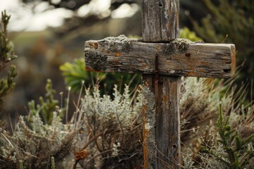 Fototapeta premium Weathered Wooden Cross Against a Blurred Background
