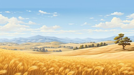 Fototapeta premium A beautiful landscape of a wheat field with a tree and mountains in the distance. The sky is blue and there are some clouds.