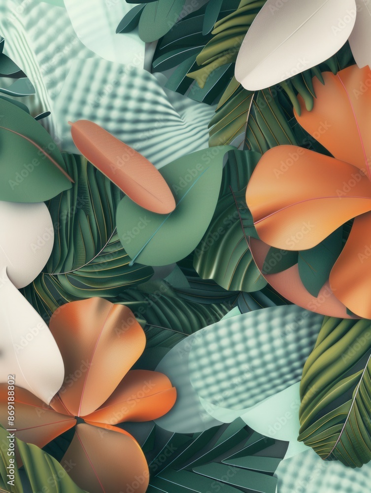 Poster a minimalist digital illustration of geometric floral patterns in green, orange, and white. the clea