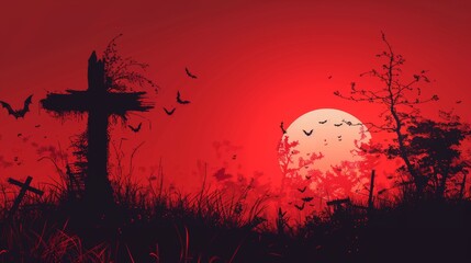 Halloween Background with Scary Satanic Silhouettes