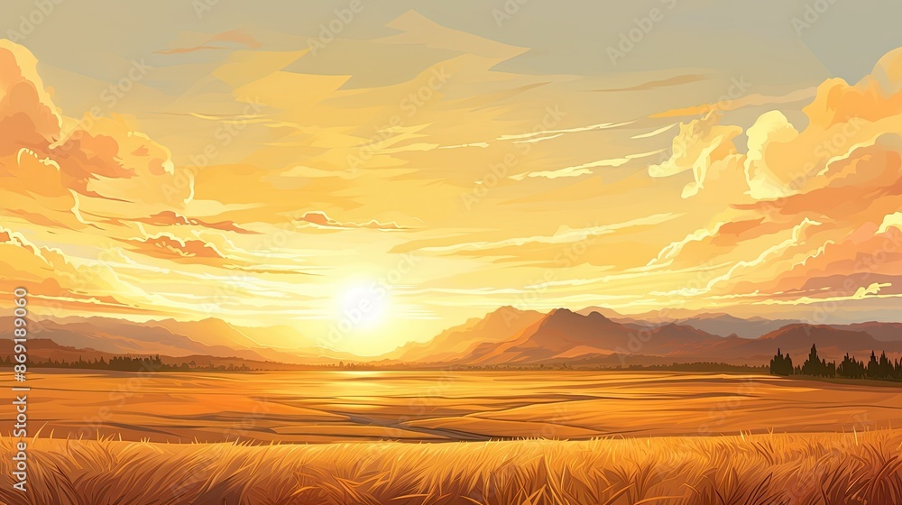 Poster tranquil evening scene with a setting sun casting a golden glow over a vast wheat field.