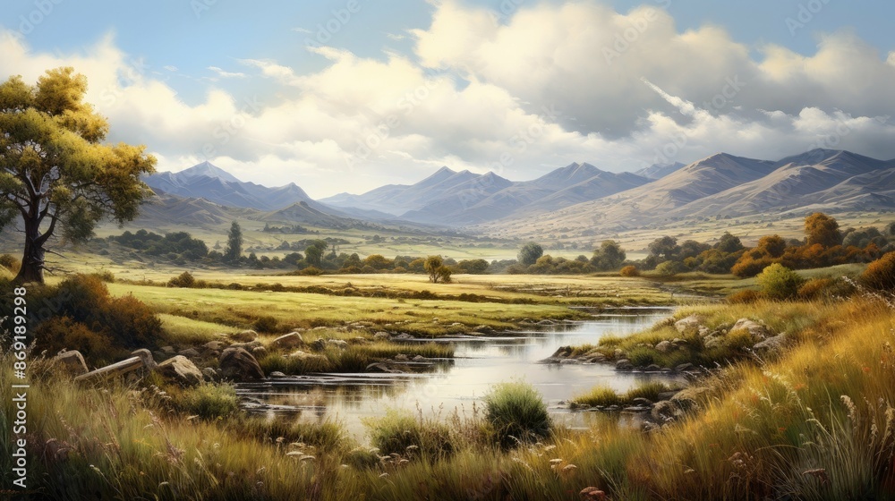Poster the image is of a beautiful landscape with a river running through the middle. there are mountains i