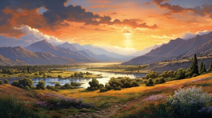 The sun sets over a beautiful landscape. The sky is ablaze with color, and the mountains are silhouetted against the horizon.