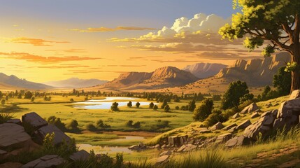 Obraz premium The image is of a beautiful landscape with a large, tranquil lake in the foreground, surrounded by lush green hills and a majestic mountain range in t