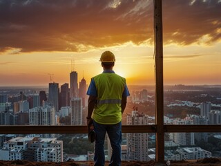 Fototapeta premium Construction worker overlooking urban building site at sunset