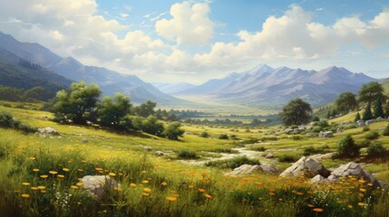 Obraz premium The image is of a beautiful landscape with a large valley in the distance.