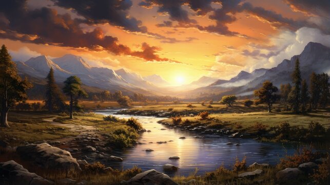 A beautiful landscape image of a river flowing through a valley, with mountains in the distance.