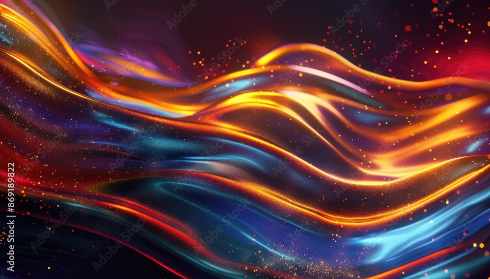 Poster mesmerizing colorful light waves intertwining against a dark cosmic background, representing dynamic