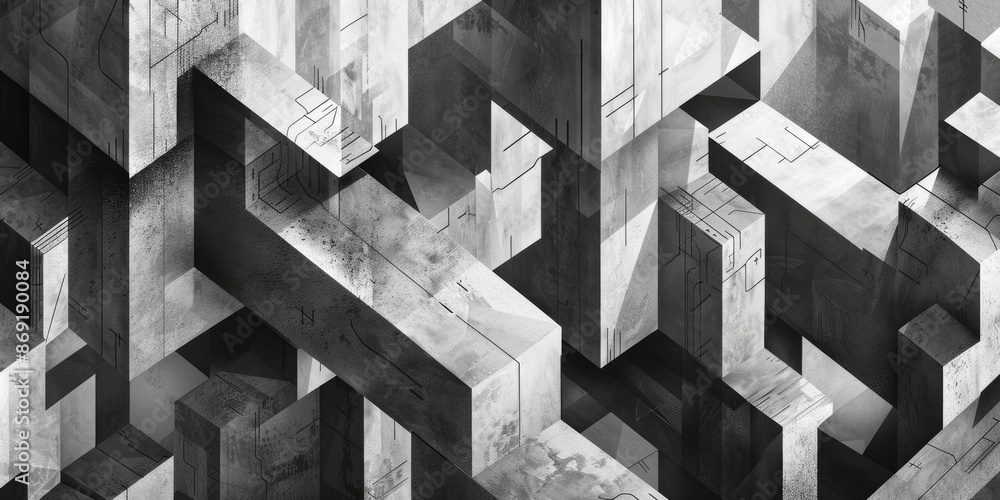 Poster abstract 3d geometric shapes with cube patterns in monochrome design, emphasizing contemporary aesth