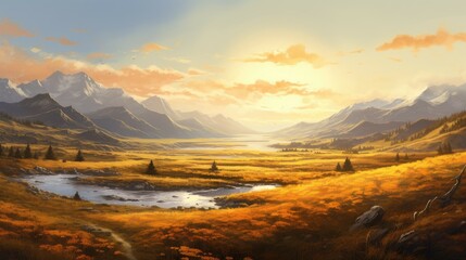 A beautiful landscape image of a valley with a river running through it. The valley is surrounded by mountains and the sky is a clear blue.