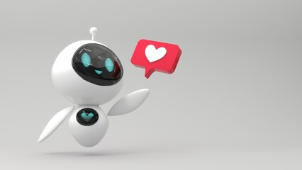 Friendly cute cartoon robot holding like icon - 3d render. Technology concept. Social media apps, UI and UX web design, application development. Customer support chatbot, online consultant.
