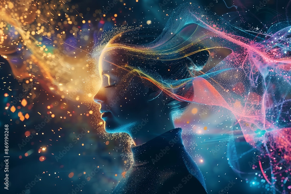 Wall mural human mind abstract space science head background. brain face sky idea universe thought psychology