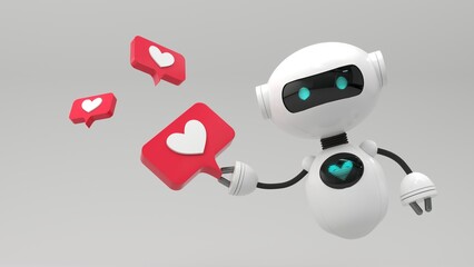 Friendly cute cartoon robot holding like icon - 3d render. Technology concept. Social media apps, UI and UX web design, application development. Customer support chatbot, online consultant.