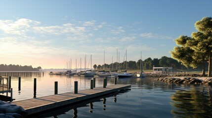 Fototapeta premium This is a beautiful summer day at the lake. The water is calm and clear. There are several sailboats docked at the pier.