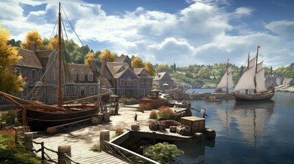 A beautiful harbor with a view of the town. There are many boats and ships in the harbor, and the town is bustling with activity.