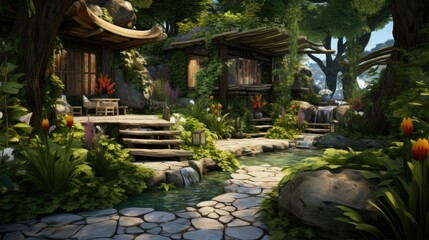 Fototapeta premium A beautiful garden with a stone path leading to a traditional house.