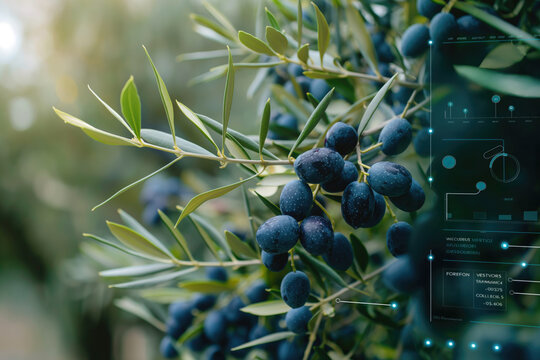 Olive Branch and Digital Olive Cultivation Technology Concept. Agriculture Innovation, Smart Farming, Precision Agriculture Insights, Data Driven Farming