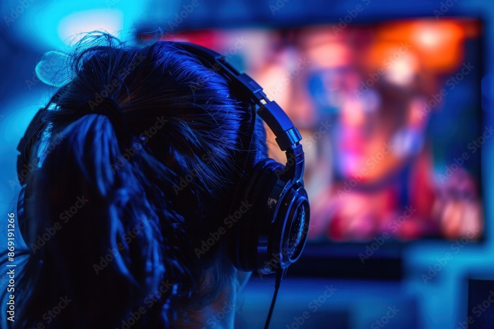Aufkleber a close-up shot of an ear wearing headphones while facing a blurred television screen displaying a b