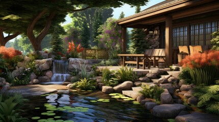A beautiful garden with a waterfall and a pond. The garden is full of lush plants and flowers. There is a wooden house in the background.