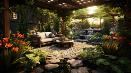 A beautiful garden with a waterfall, flowers, and a seating area. The perfect place to relax and enjoy the outdoors.