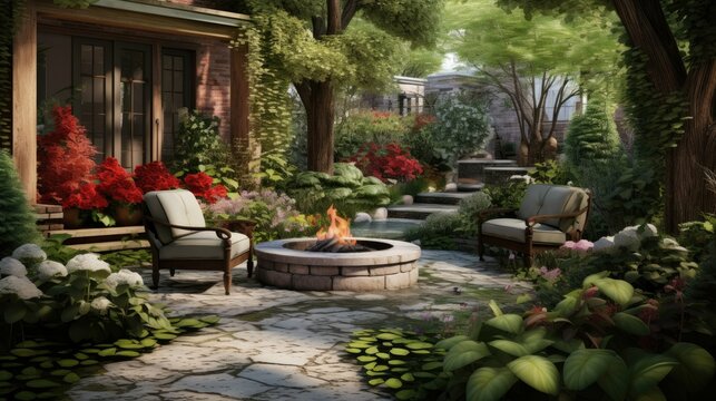 A cozy backyard patio with a fire pit, comfortable seating, and lush greenery. The perfect place to relax and enjoy the outdoors.