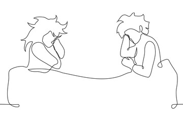 women sleeping under one blanket far apart with empty space between them - one line art vector. concept of girlfriends, sisters sleeping together, lesbian couple in a quarrel, bedding and sleep