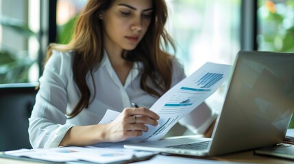 A young businesswoman sits at her desk, carefully reviewing financial data on a document while working on her laptop