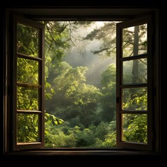 Naklejka premium Front view of a window showing a misty forest scene with sunlight filtering through dense foliage, 16:9 aspect ratio