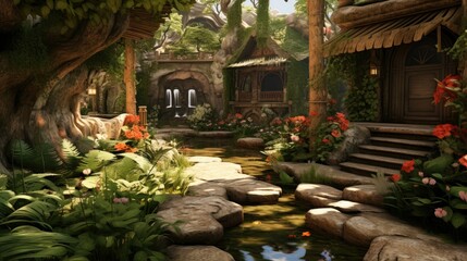 Obraz premium A beautiful fantasy landscape with a small house. The house is surrounded by a lush garden with a river flowing through it.