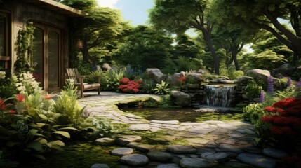 A beautiful garden with a waterfall and a stone path leading to a wooden house.