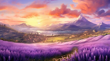 Fototapeta premium Amazing landscape with lavender fields and mountains in the background. The sky is a bright orange and the sun is setting.