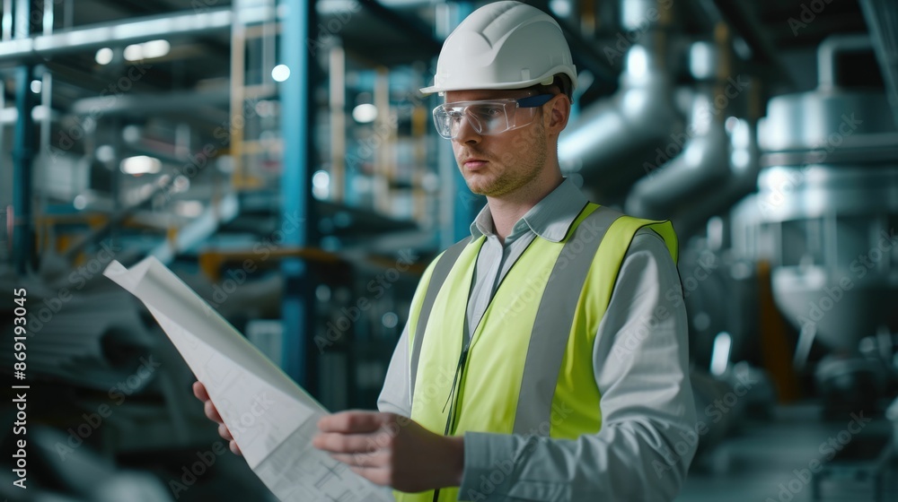 Poster smart engineer checking iron machine in factory while wearing safety helmet. professional industrial