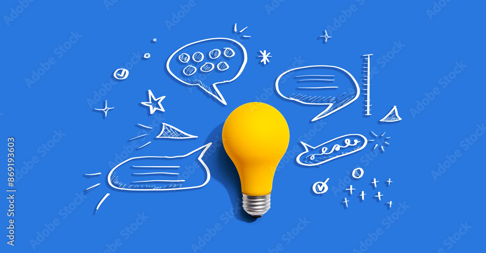 Poster brainstorming concept with a light bulb and speech bubbles - flat lay