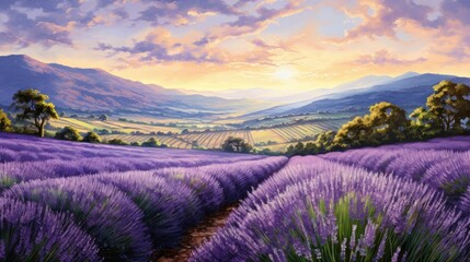 Fototapeta premium A beautiful landscape of a lavender field with mountains in the distance. The lavender is in full bloom and the sun is shining brightly.
