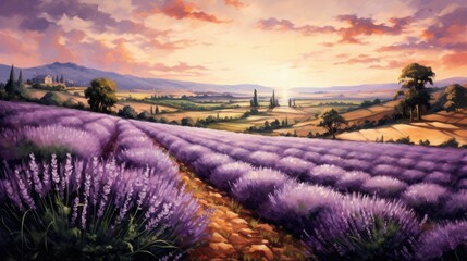 A beautiful landscape of a lavender field in Provence, France. The lavender is in full bloom and the sun is setting over the horizon.