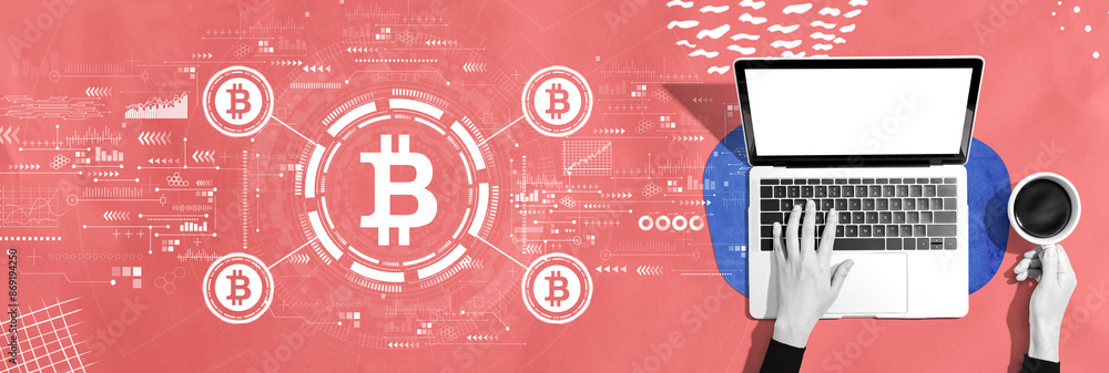 Aufkleber bitcoin theme with person using a laptop computer
