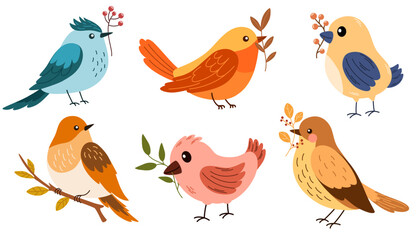 Autumn birds set. Different beautiful birdie with berries and branch. Vector cartoon illustration in childish style isolated on white.