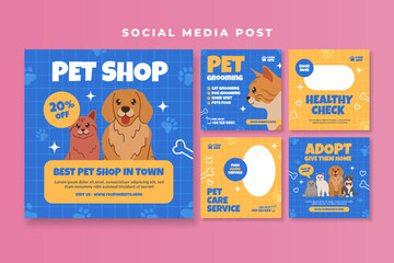 Pet shop social media post template with cute cat and dog vector illustration