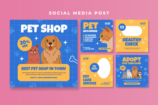 Pet shop social media post template with cute cat and dog vector illustration