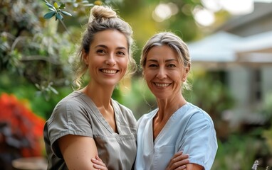 Obraz premium Portrait of a female nurse and senior woman smiling in a warm day at nursing home park.