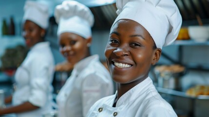 A close-up shot of two smiling African female bakers in a kitchen, wearing white chef hats and uniforms