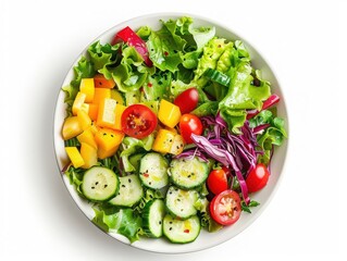 Fresh and vibrant salad bowl with assorted vegetables including lettuce, cucumber, tomato, bell pepper, and red cabbage.