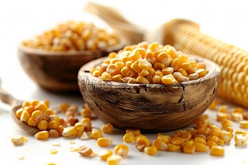 Corn Kernels in Wooden Containers on White Background